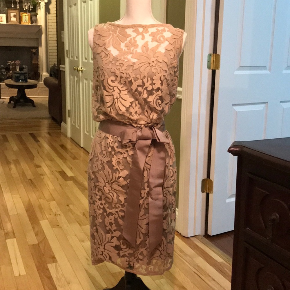 Patterned sheer dress with tan lining.